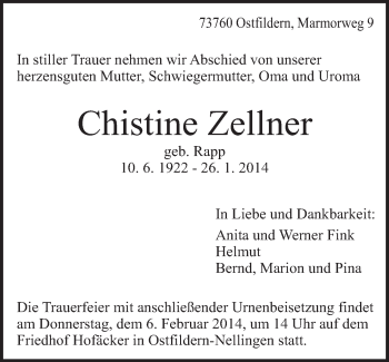 Traueranzeige von Chistine Zehner von Eßlinger Zeitung/Cannstatter Zeitung