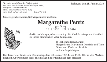 Traueranzeige von Margarethe Pentz von Eßlinger Zeitung/Cannstatter Zeitung