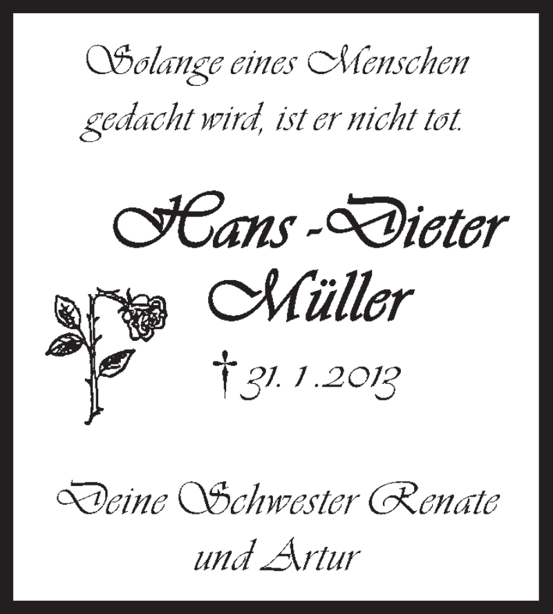  Traueranzeige für Hans-Dieter Müller vom 31.01.2014 aus Eßlinger Zeitung/Cannstatter Zeitung