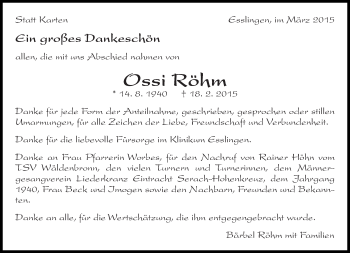 Traueranzeige von Ossi Röhm von Eßlinger Zeitung/Cannstatter Zeitung