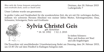 Traueranzeige von Sylvia Christel Geis von Eßlinger Zeitung/Cannstatter Zeitung