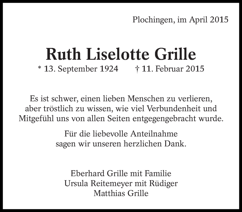  Traueranzeige für Ruth Liselotte Grille vom 04.04.2015 aus Eßlinger Zeitung/Cannstatter Zeitung