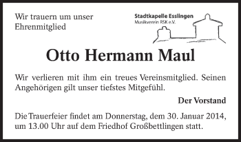 Traueranzeige von Otto Hermann Maul von Eßlinger Zeitung/Cannstatter Zeitung
