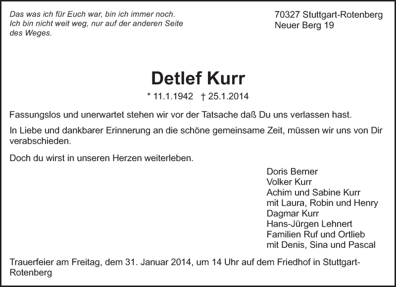  Traueranzeige für Detlef Kurr vom 29.01.2014 aus Eßlinger Zeitung/Cannstatter Zeitung
