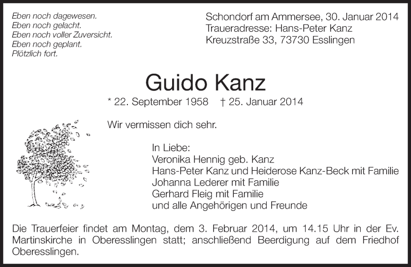 Traueranzeige für Guido Kanz vom 30.01.2014 aus Eßlinger Zeitung/Cannstatter Zeitung