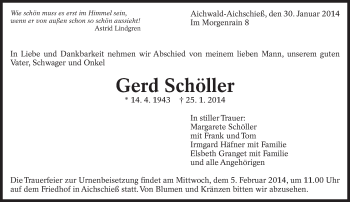 Traueranzeige von Gerd Schöller von Eßlinger Zeitung/Cannstatter Zeitung