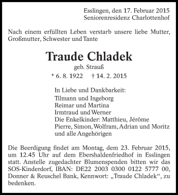 Traueranzeige von Traude Chladek von Eßlinger Zeitung/Cannstatter Zeitung