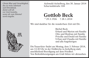 Traueranzeige von Gottlob Beck von Eßlinger Zeitung/Cannstatter Zeitung