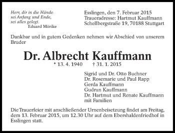Traueranzeige von Albrecht Kauffmann von Eßlinger Zeitung/Cannstatter Zeitung