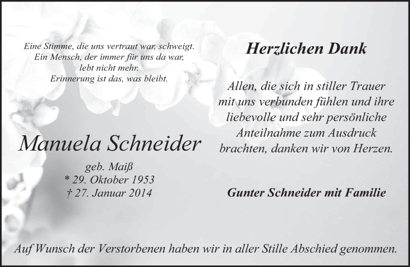  Traueranzeige für Manuela Schneider vom 14.02.2014 aus Eßlinger Zeitung/Cannstatter Zeitung