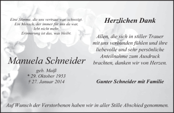 Traueranzeige von Manuela Schneider von Eßlinger Zeitung/Cannstatter Zeitung