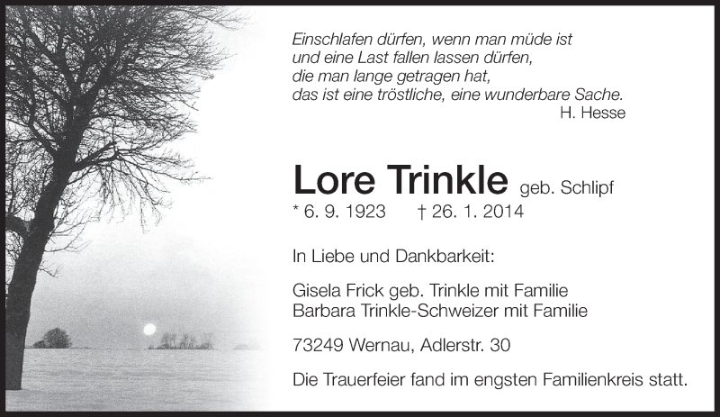  Traueranzeige für Lore Trinkle vom 01.02.2014 aus Eßlinger Zeitung/Cannstatter Zeitung
