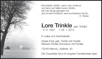Traueranzeige von Lore Trinkle von Eßlinger Zeitung/Cannstatter Zeitung