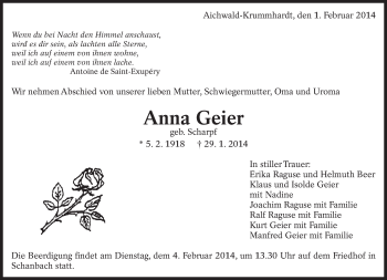 Traueranzeige von Anna Geier von Eßlinger Zeitung/Cannstatter Zeitung