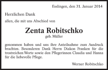 Traueranzeige von Zenta Robitschko von Eßlinger Zeitung/Cannstatter Zeitung