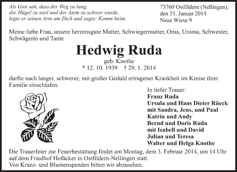  Traueranzeige für Hedwig Ruda vom 31.01.2014 aus Eßlinger Zeitung/Cannstatter Zeitung
