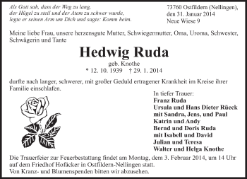 Traueranzeige von Hedwig Ruda von Eßlinger Zeitung/Cannstatter Zeitung