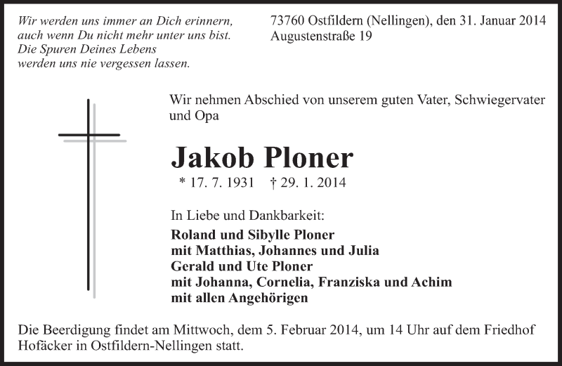  Traueranzeige für Jakob Ploner vom 31.01.2014 aus Eßlinger Zeitung/Cannstatter Zeitung