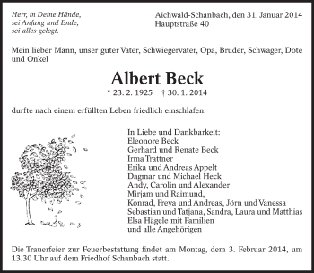 Traueranzeige von Albert Beck von Eßlinger Zeitung/Cannstatter Zeitung