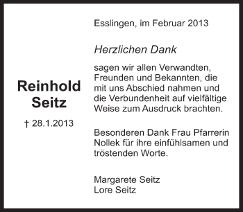 Traueranzeige von Reinhold Seitz von Eßlinger Zeitung/Cannstatter Zeitung