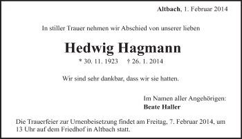 Traueranzeige von Hedwig Hagmann von Eßlinger Zeitung/Cannstatter Zeitung