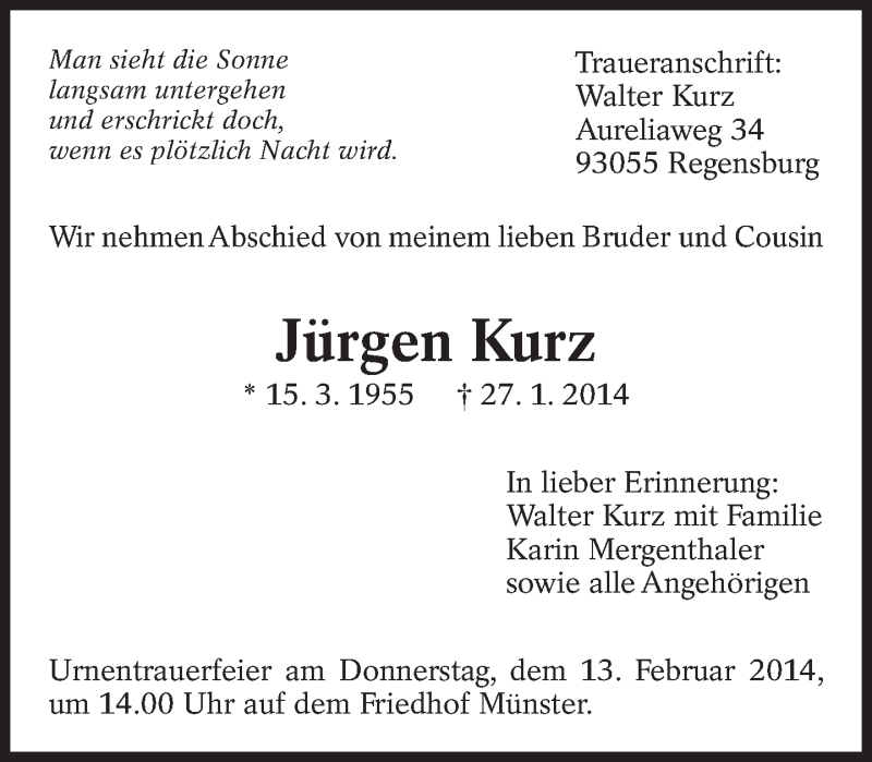  Traueranzeige für Jürgen Kurz vom 10.02.2014 aus Eßlinger Zeitung/Cannstatter Zeitung