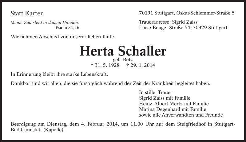  Traueranzeige für Herta Schaller vom 01.02.2014 aus Eßlinger Zeitung/Cannstatter Zeitung