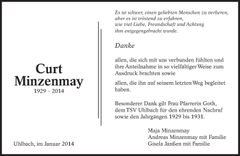 Traueranzeige von Curt Minzenmay von Eßlinger Zeitung/Cannstatter Zeitung