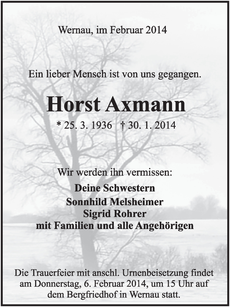  Traueranzeige für Horst Axmann vom 03.02.2014 aus Eßlinger Zeitung/Cannstatter Zeitung