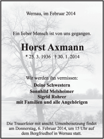 Traueranzeige von Horst Axmann von Eßlinger Zeitung/Cannstatter Zeitung