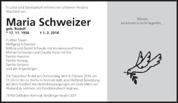 Traueranzeige von Maria Schweizer von Eßlinger Zeitung/Cannstatter Zeitung