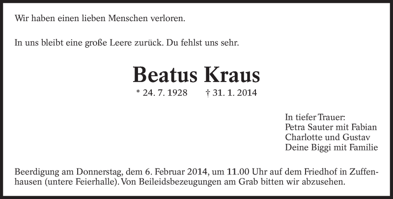  Traueranzeige für Beatus Kraus vom 04.02.2014 aus Eßlinger Zeitung/Cannstatter Zeitung