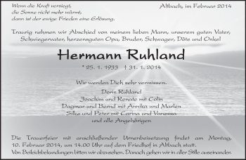 Traueranzeige von Hermann Ruhland von Eßlinger Zeitung/Cannstatter Zeitung