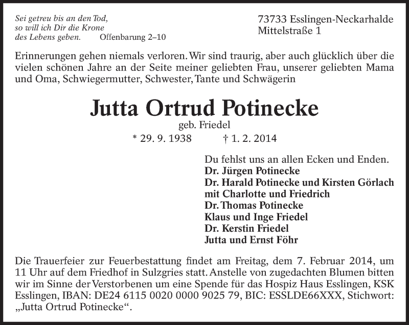  Traueranzeige für Jutta Ortrud Potinecke vom 04.02.2014 aus Eßlinger Zeitung/Cannstatter Zeitung