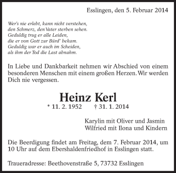Traueranzeige von Heinz Kerl von Eßlinger Zeitung/Cannstatter Zeitung