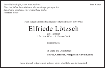 Traueranzeige von Elfriede Lötzsch von Eßlinger Zeitung/Cannstatter Zeitung