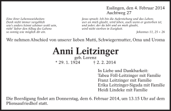 Traueranzeige von Anni Leitzinger von Eßlinger Zeitung/Cannstatter Zeitung