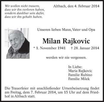 Traueranzeige von Milan Rajkovic von Eßlinger Zeitung/Cannstatter Zeitung