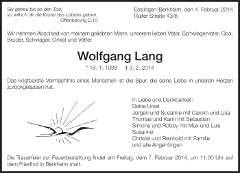 Traueranzeige von Wolfgang Lang von Eßlinger Zeitung/Cannstatter Zeitung