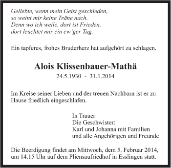 Traueranzeige von Alois Klissenbauer-Mathä von Eßlinger Zeitung/Cannstatter Zeitung
