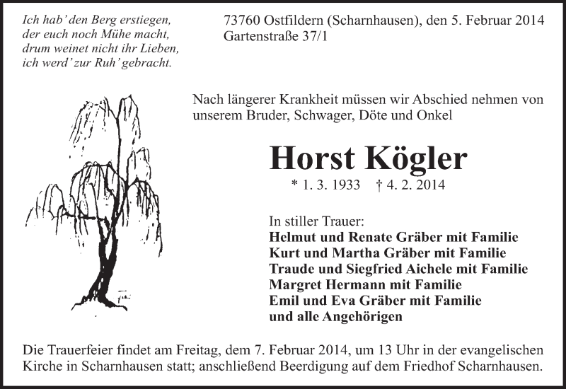  Traueranzeige für Horst Kögler vom 05.02.2014 aus Eßlinger Zeitung/Cannstatter Zeitung