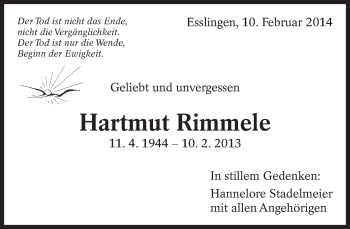 Traueranzeige von Hartmut Rimmele von Eßlinger Zeitung/Cannstatter Zeitung