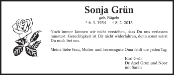 Traueranzeige von Sonja Grün von Eßlinger Zeitung/Cannstatter Zeitung