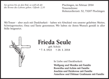 Traueranzeige von Frieda Seule von Eßlinger Zeitung/Cannstatter Zeitung