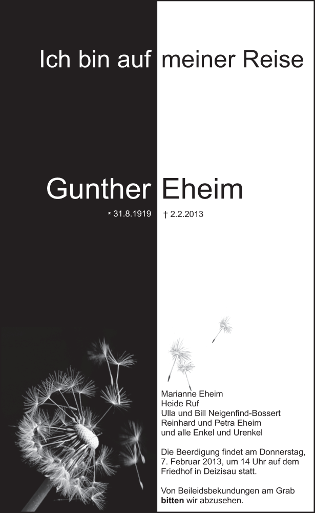  Traueranzeige für Gunther Eheim vom 05.02.2013 aus Eßlinger Zeitung/Cannstatter Zeitung