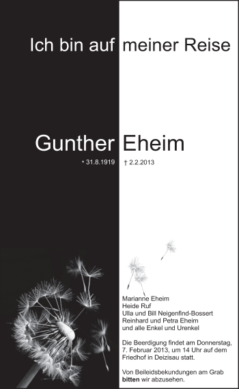 Traueranzeige von Gunther Eheim von Eßlinger Zeitung/Cannstatter Zeitung