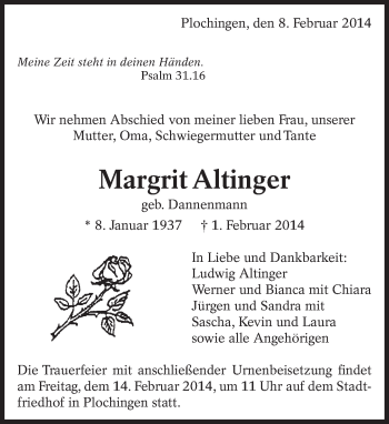 Traueranzeige von Margrit Altinger von Eßlinger Zeitung/Cannstatter Zeitung