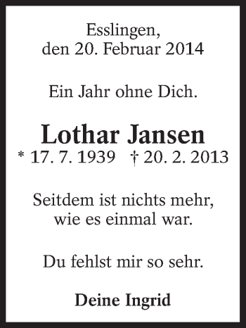 Traueranzeige von Lothar Jansen von Eßlinger Zeitung/Cannstatter Zeitung