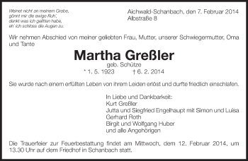Traueranzeige von Martha Greßler von Eßlinger Zeitung/Cannstatter Zeitung