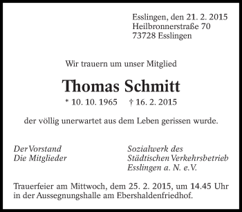 Traueranzeige von Thomas Schmitt von Eßlinger Zeitung/Cannstatter Zeitung